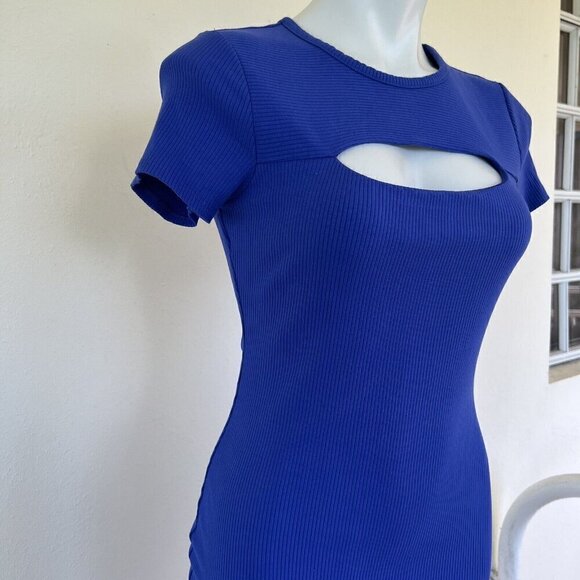 Guess Lana Ribbed-Knit Bodycon Dress MEDIUM BLUE Tanzanite Short Sleeve - Picture 9 of 15